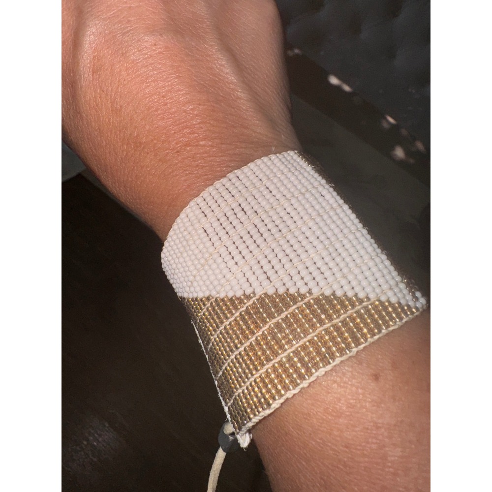 Beaded Cuff Bracelet Gold White Boho Adjustable - Picture 2 of 5